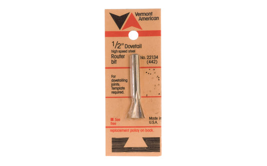 Vermont American 1/2" Dovetail HSS Router Bit. For dovetailing joints. Vermont American Model No. 22711. Made in USA.