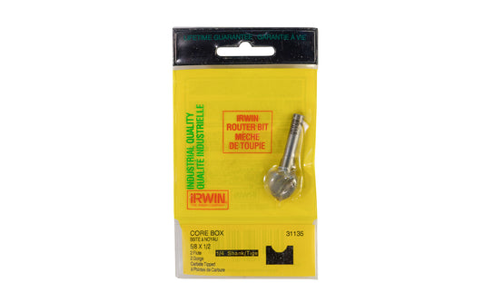 Irwin Carbide Tipped 5/8" Core Box Router Bit - Made in USA. Carbide Tipped Router Bit. 1-15/16" overall length. 1/4" shank. Irwin Model No. 31135. Made in USA. 042526311352