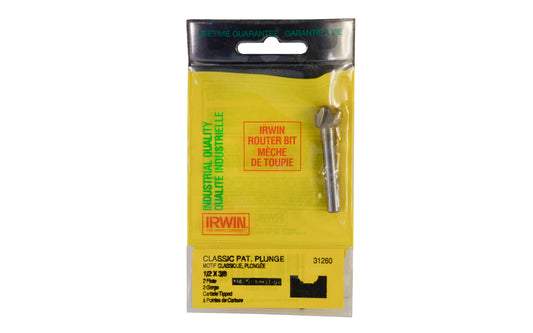 Irwin Carbide 1/2" Classic Pattern Plunge Router Bit - Made in USA. Carbide Tipped Router Bit. 2" overall length. 1/4" shank. Irwin Model No. 31260. Made in USA.