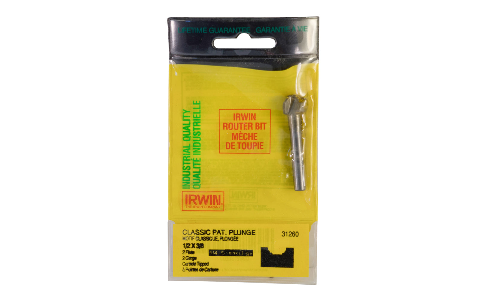 Irwin Carbide 1/2" Classic Pattern Plunge Router Bit. Carbide Tipped Router Bit. 2" overall length. 1/4" shank. Irwin Model No. 31260.