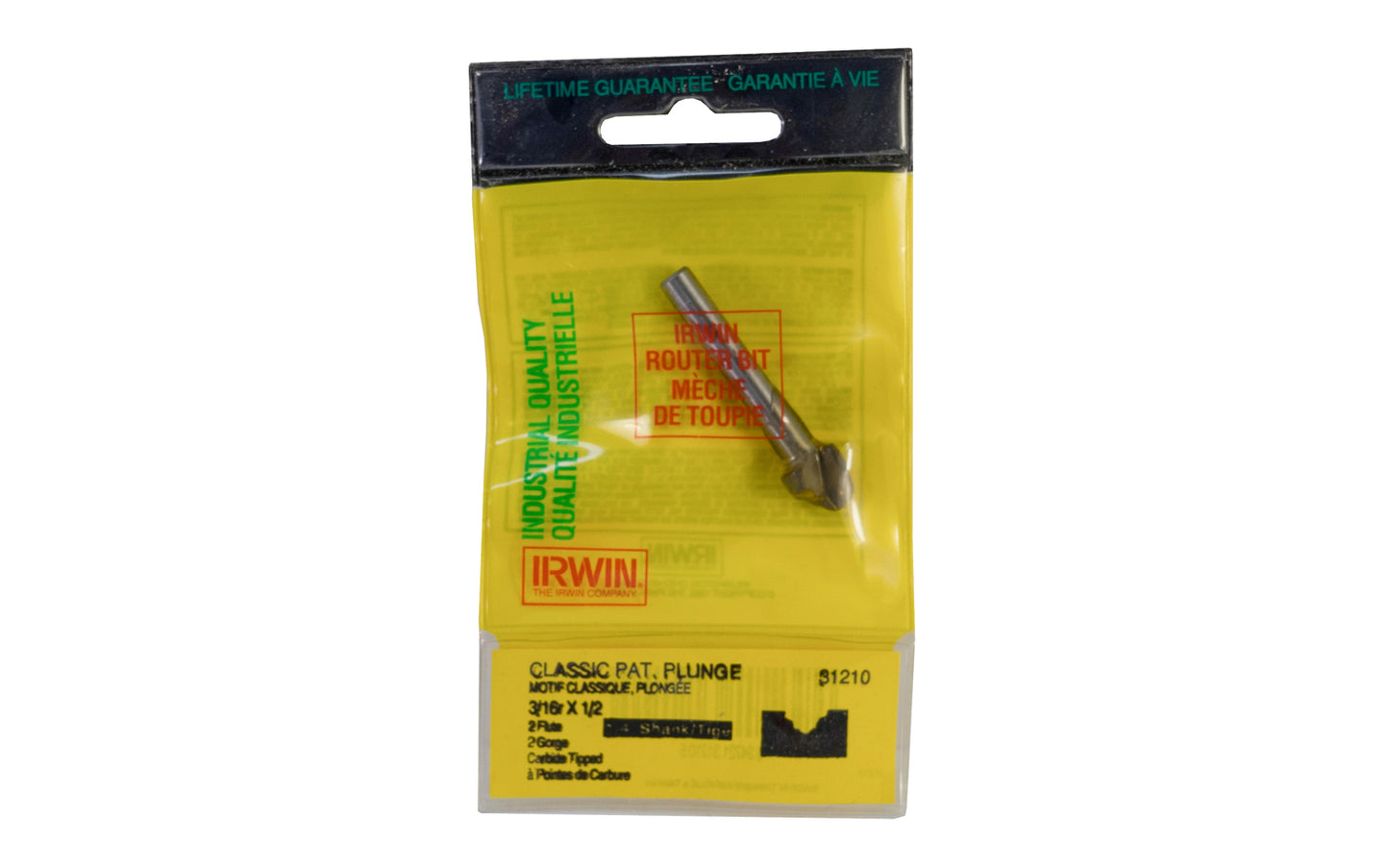 Irwin Carbide 3/16" Classic Pattern Plunge Router Bit. Carbide Tipped Router Bit. 2" overall length. 1/4" shank. Irwin Model No. 31210.