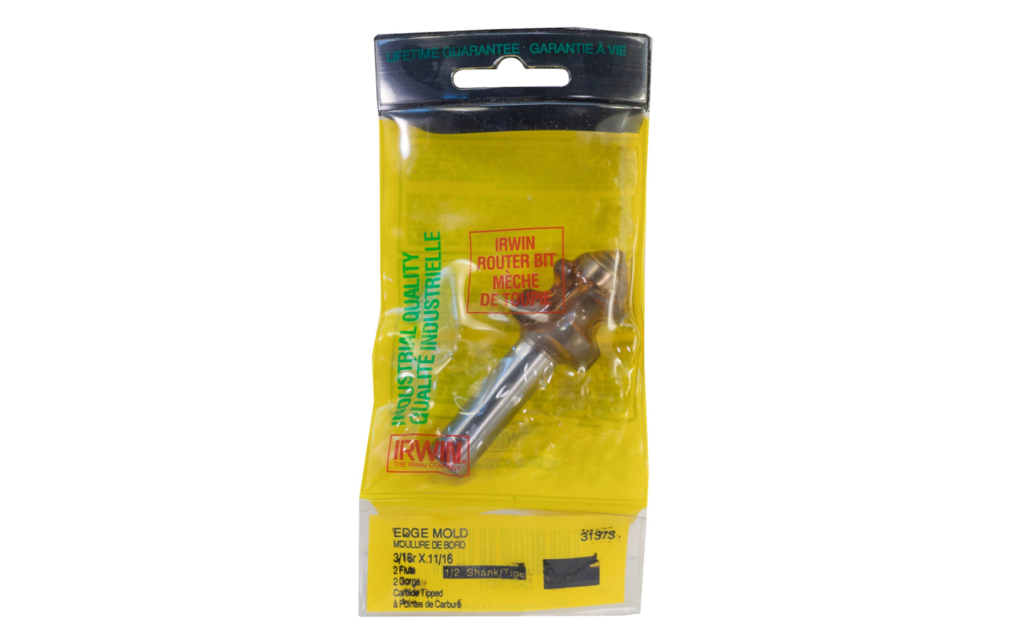 Irwin Carbide 3/16" x 11/16" Edge Mold Router Bit. 3" overall length. 1/2" shank. Irwin Model No. 31373.