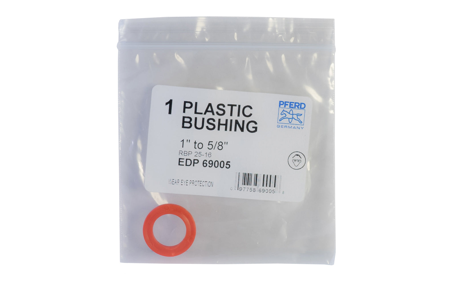 Pferd Plastic Bushing - 1" to 5/8". Made of plastic material. 1/8" thick. Made in Germany. Model No. 69005.