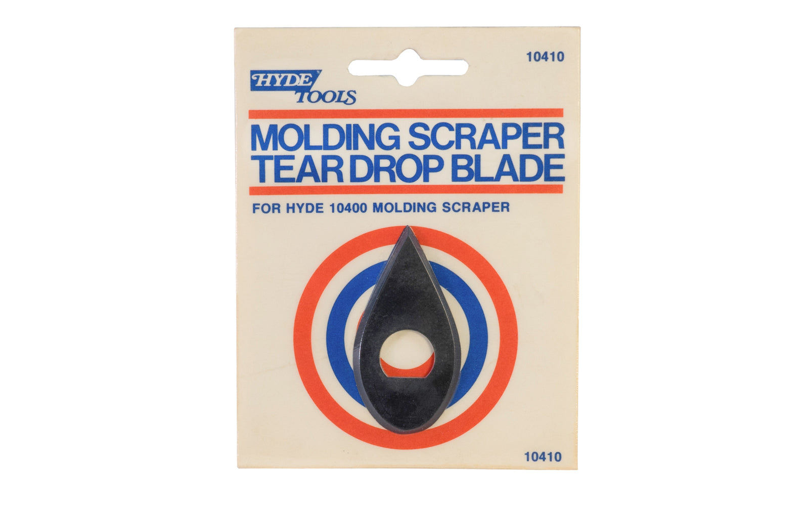 Hyde Tools Tear-Drop Shape Moulding Scraper Blade. Material of blade is High Carbon Steel. 2-1/8" Length x 1" Wide Blade. Hyde Model #10410. Made in USA.