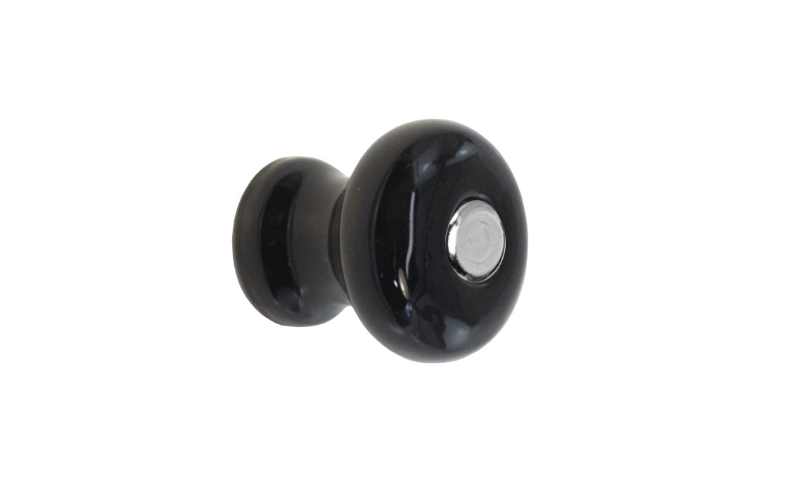 Vintage-style Hardware · Classic & original-style round glass cabinet knob with a silver pan head thru-bolt. Made of genuine glass. Black color glass. Includes a silver pan thru-bolt. Reproduction classic glass knob. Traditional round glass knob.  Attractive & smooth glass knob. 1-1/8" diameter knob.