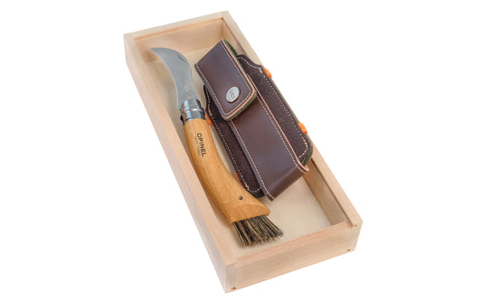 Made in France · Opinel Stainless Steel Mushroom Knife Gift Box Set. 3" long  foldable blade with locking collar ~ Made of 12c27 Sandvik stainless steel ~ Includes a sheath in wooden gift box set