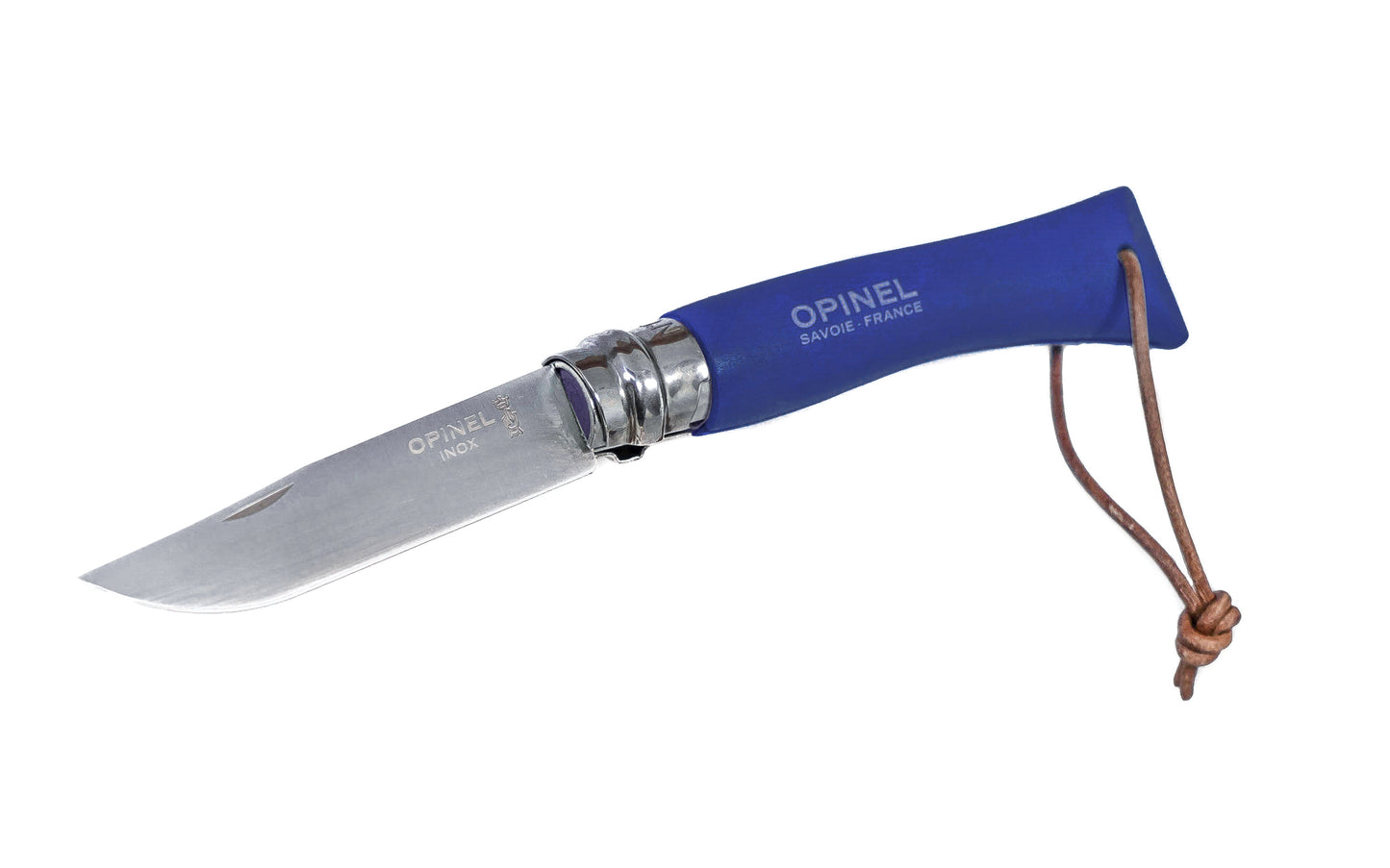 Made in France · Opinel Stainless Steel No. 8 Knife - Navy Color with a 3-1/4" long foldable blade with stainless locking collar ~ Made of 12c27 Sandvik stainless steel ~ Painted navy blue Beechwood handle with leather loop. "The adventurer" colorama blue pocket knife.