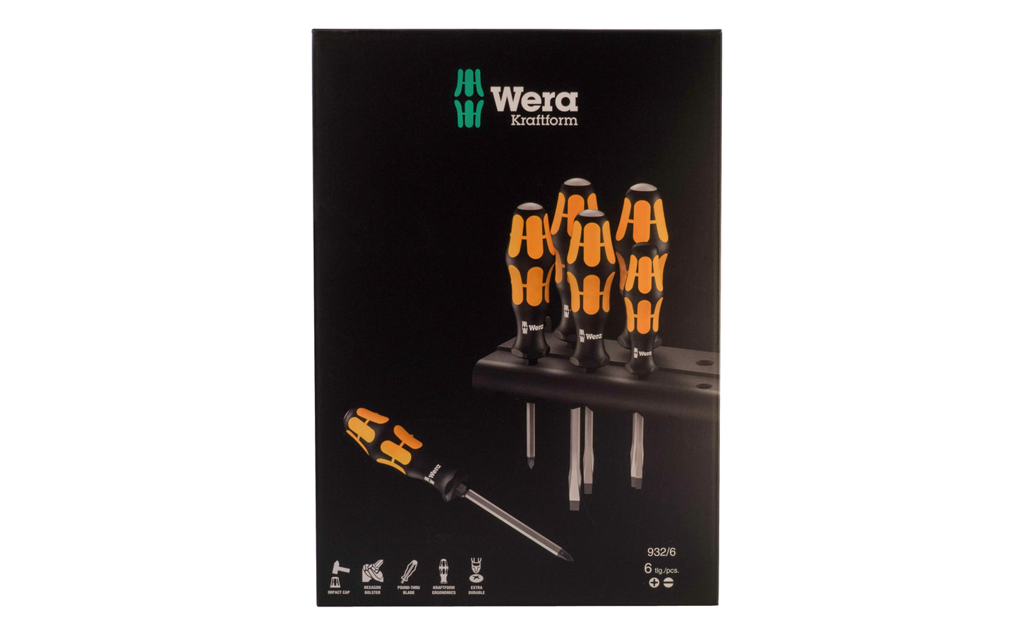 Wera 6-PC Screwdriver Set & Rack 'Chiseldriver' "932/6". Model 018282.  6 piece slotted & phillips screwdriver set. 932/6 Rack. 'Chiseldriver' for fastening, chiselling & loosening. Kraftform Plus – Series 300. 