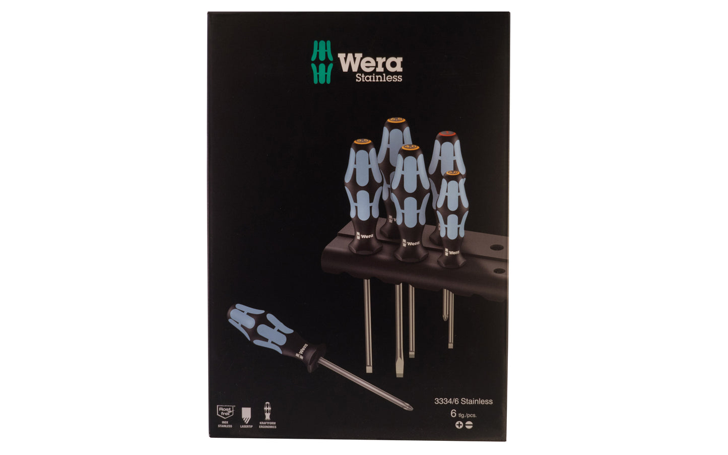 Wera 6-PC Stainless Screwdriver Set & Rack "3334/6". Model 032060.  6 piece slotted & phillips screwdriver set. Lasertip tips for more secure fit in the screw head. 334/6 Rack. Kraftform Plus – Series 300. Wera SS screwdrivers.