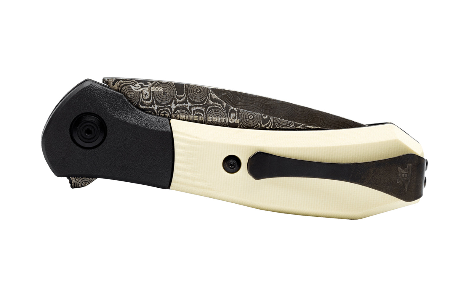 Buck Knives 590 Paradigm Folding Knife with Damascus Steel. Blade has raindrop pattern Damascus steel. 3" long blade. "Ivory G10" handle with DLC coated bolsters. Model 0590IVSLE-B. Pocket clip attached.  Made in USA. 