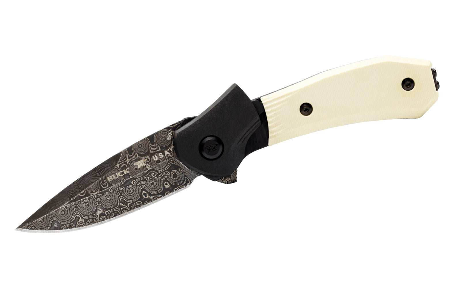 Buck Knives 590 Paradigm Folding Knife with Damascus Steel. Blade has raindrop pattern Damascus steel. 3" long blade. "Ivory G10" handle with DLC coated bolsters. Model 0590IVSLE-B. Pocket clip attached.  Made in USA. 