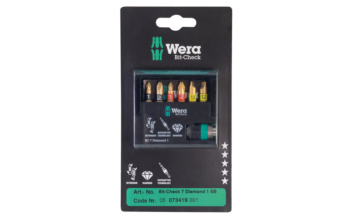 Wera Bit Set with "Rapidaptor" Holder - "Bit-Check 7 Diamond 1 SB". 6 piece bit set with "Rapidaptor" holder for rapid bit change. Includes phillips #1 & #2 bits (851/1 BDC bits), pozi-drive #1 & #2 bits (855/1 BDC bits), slotted Sizes (800/1 BDC bits). diamond coating insert bits. Wera Model 073419.