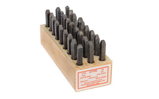 Young Bros 1/16" Size Steel Stamps - Letters. A to Z. These steel stamps are made with carbon tool steel & will mark material up to 50 on the Rockwell C scale. Special heat treated stamps so they won’t shatter under stress. Young Bros Machine made steel stamps. Includes wooden box for storage. Made in USA.