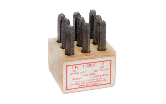 Young Bros 1/16" Size Steel Figures. These steel stamps are made with carbon tool steel & will mark material up to 50 on the Rockwell C scale. Special heat treated stamps so they won’t shatter under stress. Young Bros Machine made steel stamps. Includes wooden box for storage. Made in USA.