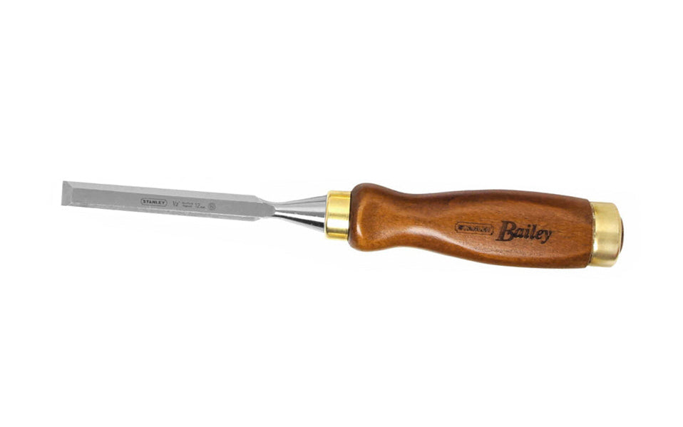 Made in England - 1/2" Bailey Wood Chisel.  Hardened, tempered high-chrome carbon alloy steel blade for edge retention ~ High-carbon chrome steel blade ~ European Beech wood. Quality English Chisel. 1/2" (12 mm) size.