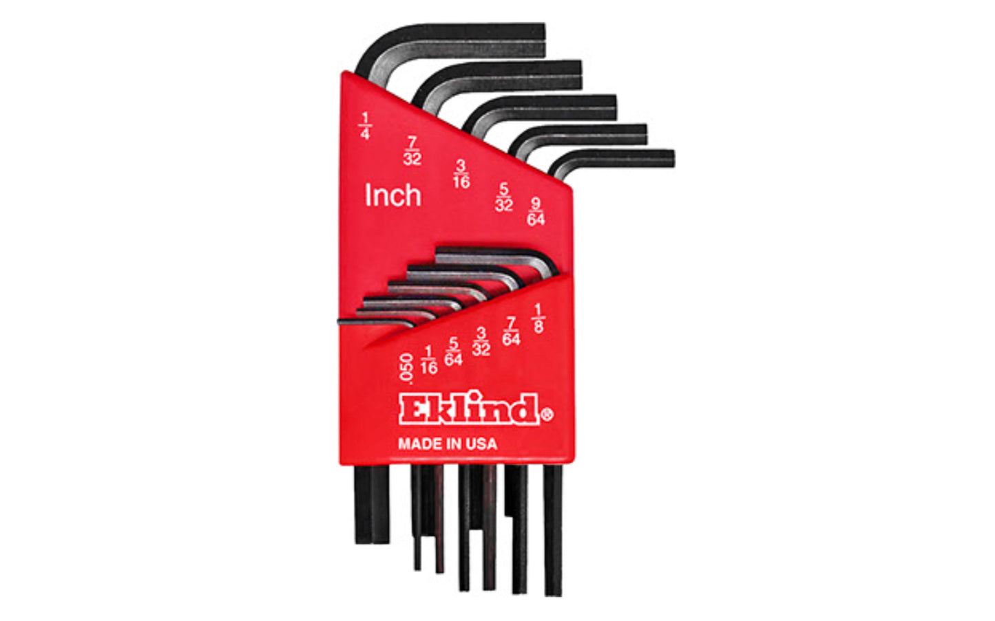 This Eklind 11-PC Hex-L Wrench Key SAE Set. .050", 1/16", 5/64", 3/32", 7/64",  1/8", 9/64", 5/32", 3/16", 7/32", & 1/4" sizes. Allen wrench set is hardened, tempered & finished with Eklind black finish to resist rust. Plastic holder firmly retains each key. Eklind model 10111. Made in USA.