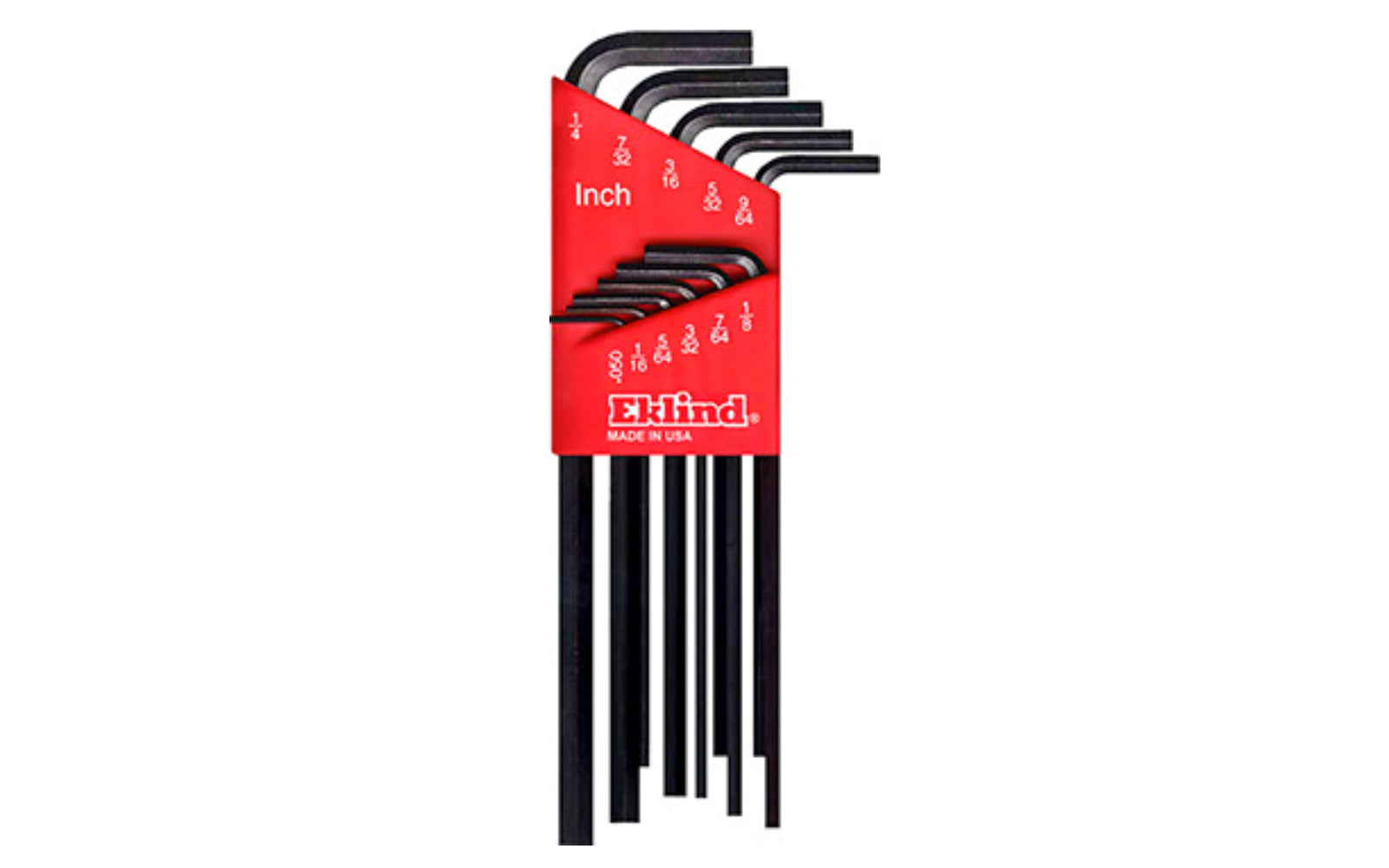 Eklind 11-PC Long Hex-L Wrench Key Set - SAE. .050", 1/16", 5/64", 3/32", 7/64",  1/8", 9/64", 5/32", 3/16", 7/32", & 1/4" sizes. Allen wrench set is hardened, tempered & finished with Eklind black finish to resist rust. Plastic holder firmly retains each key. Eklind model 10211. Made in USA.