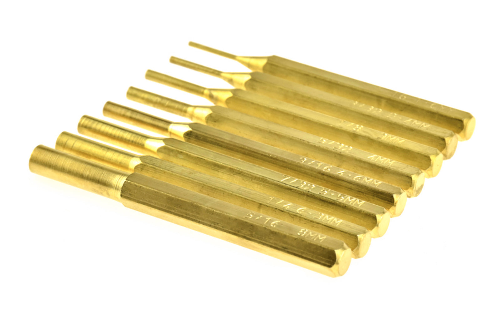 8-PC Brass Pin Punch Set. This brass pin punch set consists of eight different sizes including: 1/16", 3/32", 1/8", 5/32", 3/16", 7/32", 1/4", & 5/16". It comes with a storage carrying pouch for convenient organization. Made by SE.