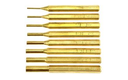 8-PC Brass Pin Punch Set. This brass pin punch set consists of eight different sizes including: 1/16", 3/32", 1/8", 5/32", 3/16", 7/32", 1/4", & 5/16". It comes with a storage carrying pouch for convenient organization. Made by SE.