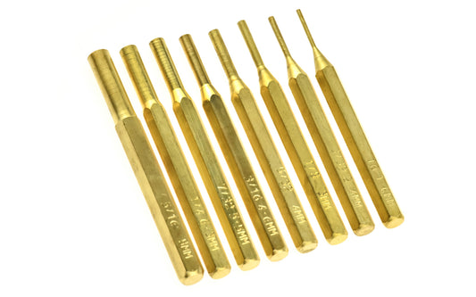 8-PC Brass Pin Punch Set. This brass pin punch set consists of eight different sizes including: 1/16", 3/32", 1/8", 5/32", 3/16", 7/32", 1/4", & 5/16". It comes with a storage carrying pouch for convenient organization. Made by SE.