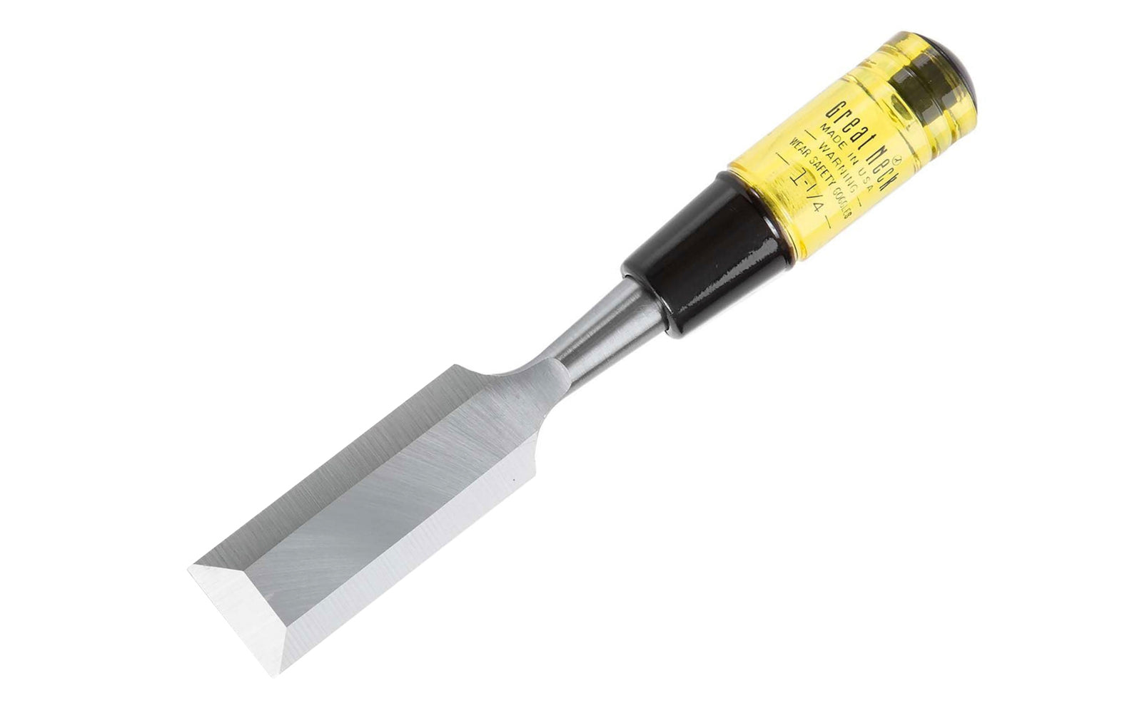 Made in USA 🇺🇲 - GreatNeck 1-1/4" Wood Chisel. 1-1/4" width blade. has a tapered blade of high carbon steel that is hardened & tempered. Acetate handles are shatter-resistant . Great Neck model 1047. 