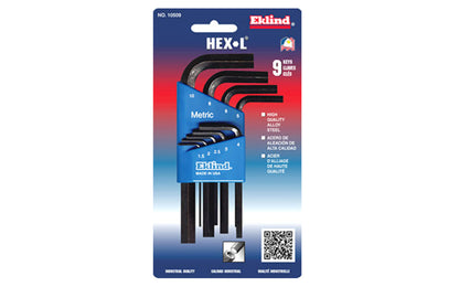 This Eklind 9-PC Hex-L Wrench Key SAE Set. 1.5 mm, 2 mm, 2.5 mm, 3 mm, 4 mm, 5mm, 6 mm, 8 mm, & 10 mm sizes. Allen wrench set is hardened, tempered & finished with Eklind black finish to resist rust. Plastic holder firmly retains each key. Eklind model 10509. Made in USA.