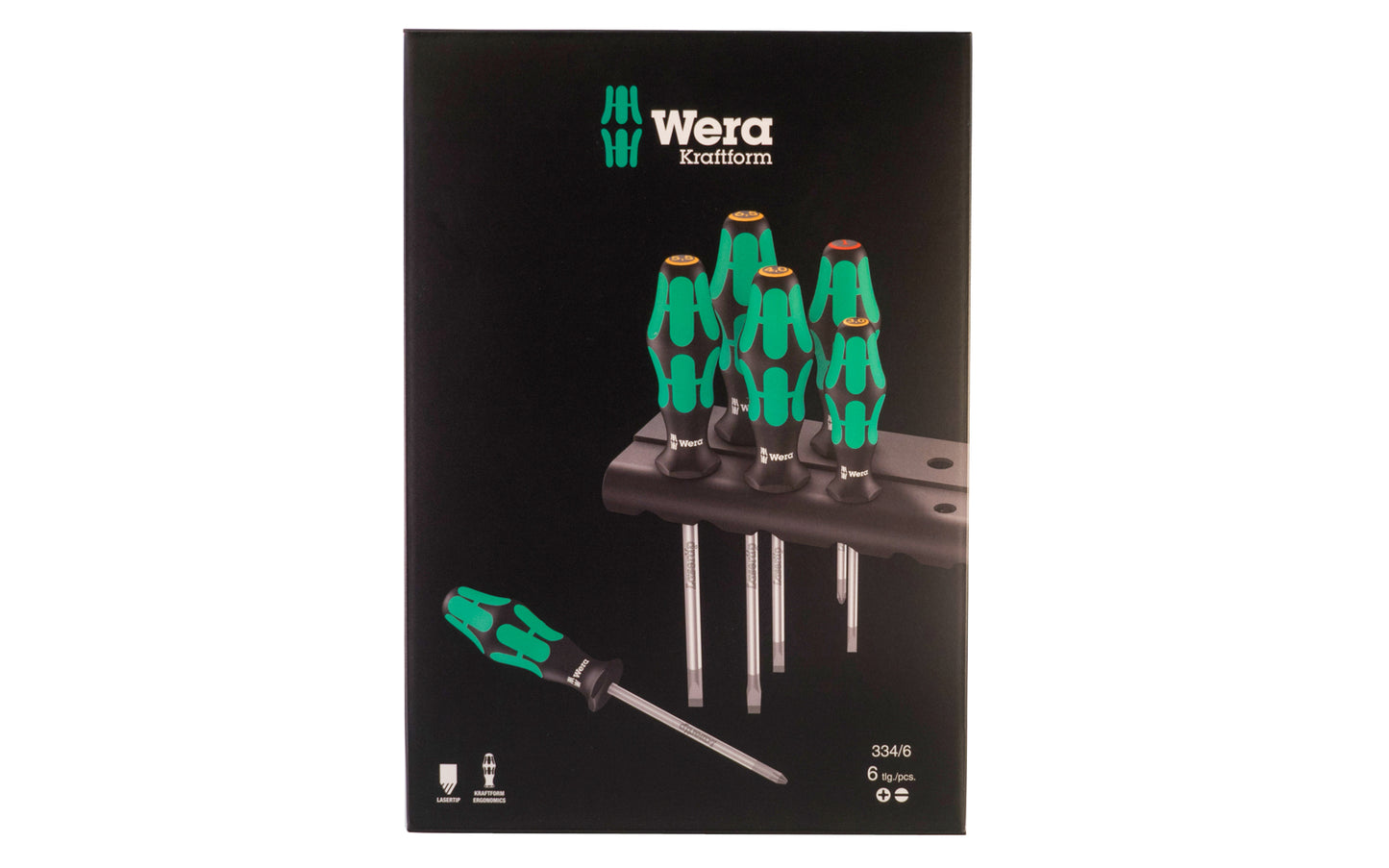 Wera 6-PC Screwdriver Set & Rack "334/6". Model 105650.  6 piece slotted & phillips screwdriver set. Lasertip tips for more secure fit in the screw head. 334/6 Rack. Kraftform Plus – Series 300. 