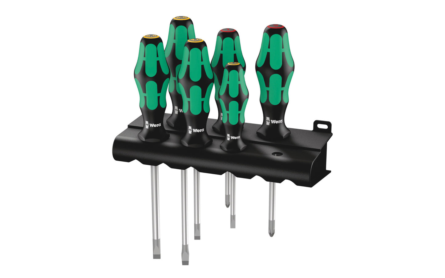 Wera 6-PC Screwdriver Set & Rack "334/6". Model 105650.  6 piece slotted & phillips screwdriver set. Lasertip tips for more secure fit in the screw head. 334/6 Rack. Kraftform Plus – Series 300. 