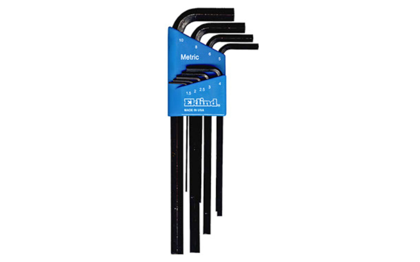 This Eklind 9-PC Hex-L Wrench Key Metric Set. 1.5 mm, 2 mm, 2.5 mm, 3 mm, 4 mm, 5 mm,  6 mm, 8 mm, & 10 mm sizes. Allen wrench set is made from the finest quality alloy steel. Hardened, tempered & finished with Eklind black finish to resist rust. Plastic holder firmly retains each key. Eklind model 10609. Made in USA.
