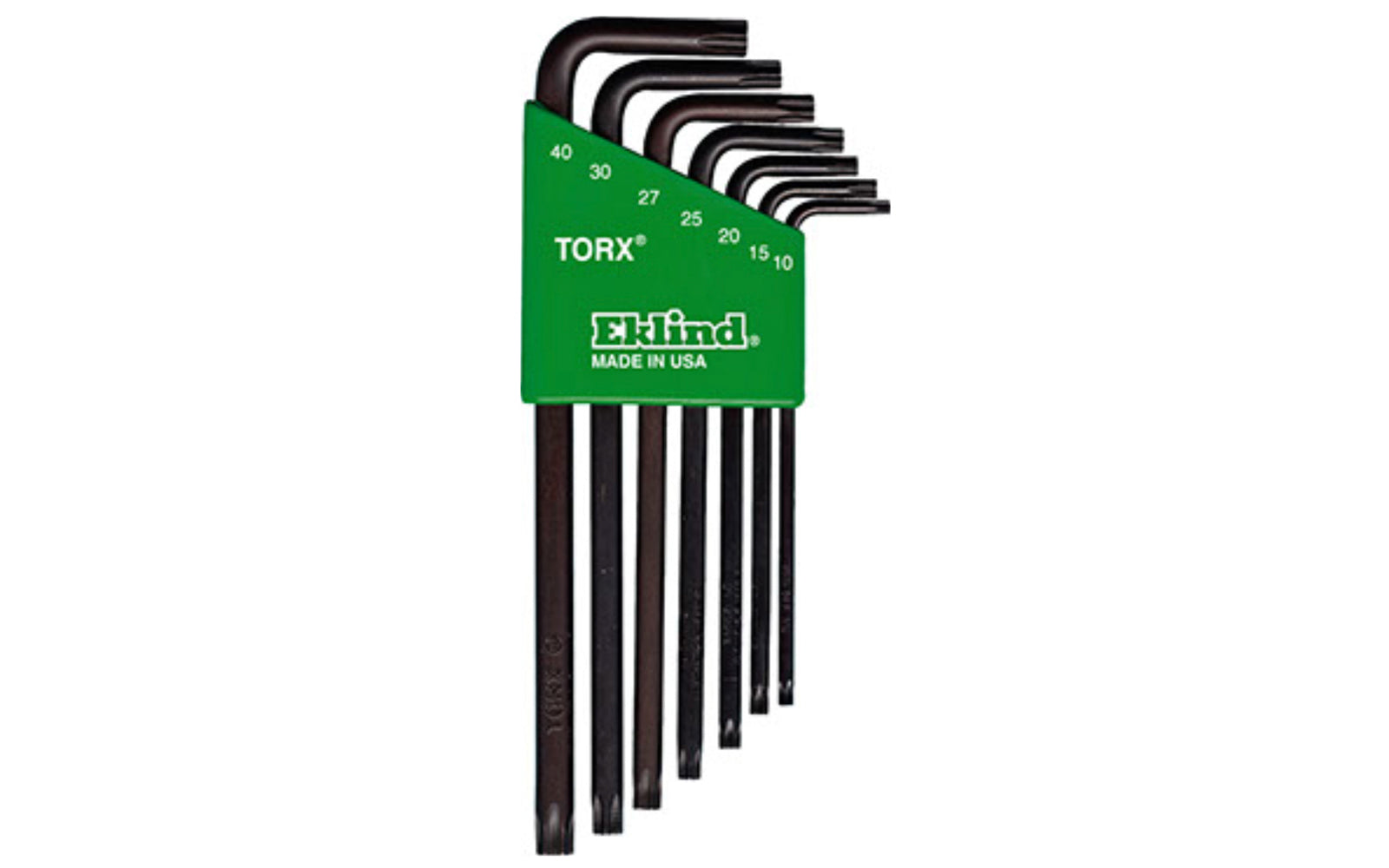 Eklind 7-PC Torx-L Wrench Key Set - Security Torx. T10, T15, T20, T25, T27, T30, T40 sizes. Allen wrench set is manufactured using the finest quality alloy steel. It is hardened, tempered & finished with Eklind black finish to resist rust. Plastic holder firmly retains each key. Eklind model 10707. Made in USA.