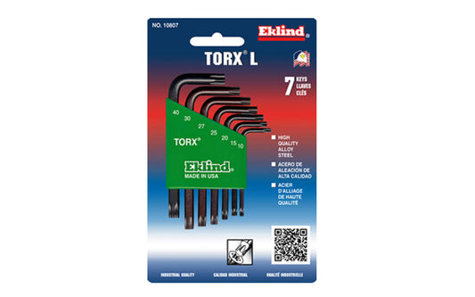This Eklind 7-PC Torx-L Wrench Key Set. T10, T15, T20, T25, T27, T30, T40 sizes. Allen wrench set is manufactured using the finest quality alloy steel. It is hardened, tempered & finished with Eklind black finish to resist rust. Plastic holder firmly retains each key. Eklind model 10807. Made in USA.