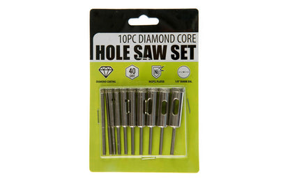 Basic & economy-style 10 PC Diamond-Coated Mini Hole Saw Set. Sizes included: 1/8", 5/32", 13/64", 1/4", 9/32", 5/16", 11/32", 3/8", 7/16", & 1/2". Made by SE.