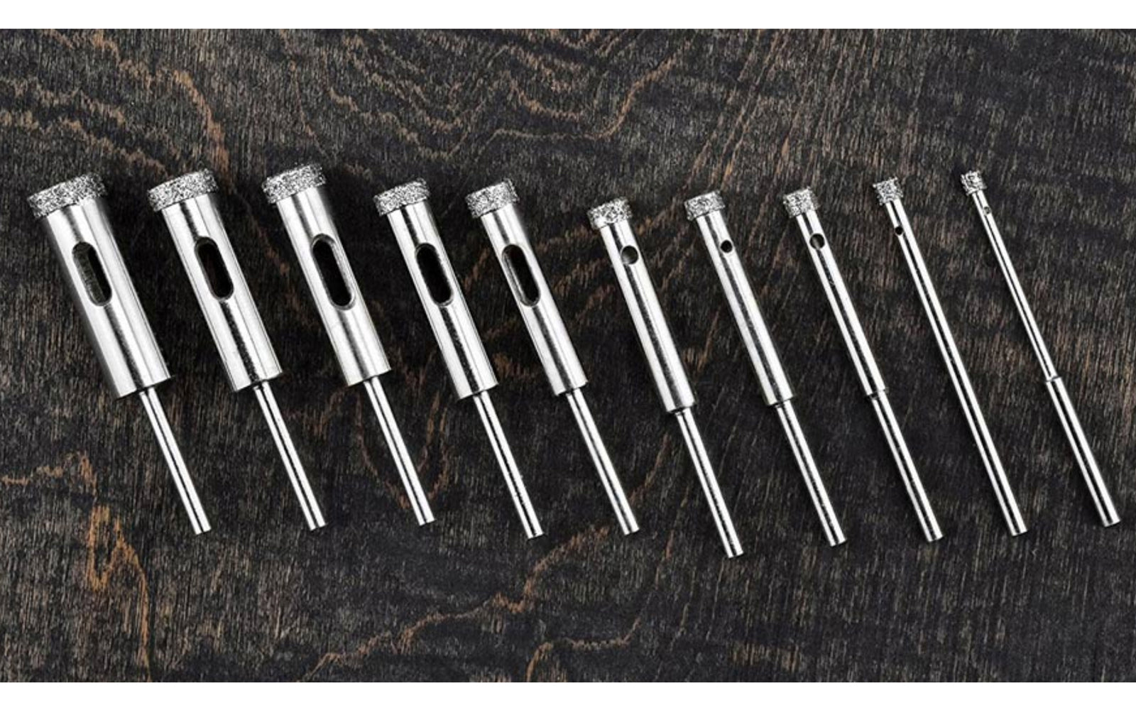 Basic & economy-style 10 PC Diamond-Coated Mini Hole Saw Set. Sizes included: 1/8", 5/32", 13/64", 1/4", 9/32", 5/16", 11/32", 3/8", 7/16", & 1/2". Made by SE.