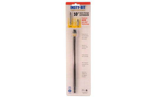 Insty-Bit 10" Quick Change Extension Bit. Accepts any 1/4" hex shank product, with or without power groove. Takes all 1/4" standards: ANSI, DIN, JIS. 10" length. Insty-Bit Model 87510.