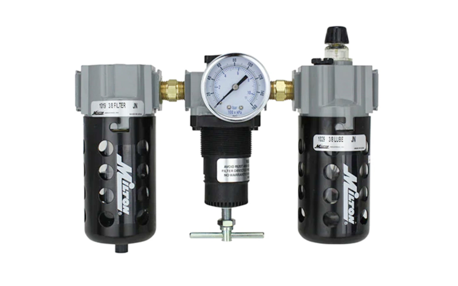 Milton 1/4" NPT Filter, Regulator & Lubricator Trio. 1/4" NPT Deluxe FRL trio is a filter, regulator and lubricator all in one. The filter has an automatic overnight drain, the regulator is the relieving type and the lubricator is drip style.