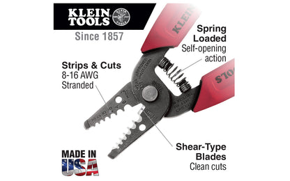  Klein Tools wire cutter & stripper is a compact & lightweight tool for your stripping & cutting needs. Hardened steel for strength, it cuts, strips, loops & bends solid & stranded wire, & strips 8-16 AWG stranded wire. Wire gauge markings on both sides for stripping in either direction. Model 11049.  Made in USA.