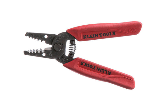  Klein Tools wire cutter & stripper is a compact & lightweight tool for your stripping & cutting needs. Hardened steel for strength, it cuts, strips, loops & bends solid & stranded wire, & strips 8-16 AWG stranded wire. Wire gauge markings on both sides for stripping in either direction. Model 11049.  Made in USA.