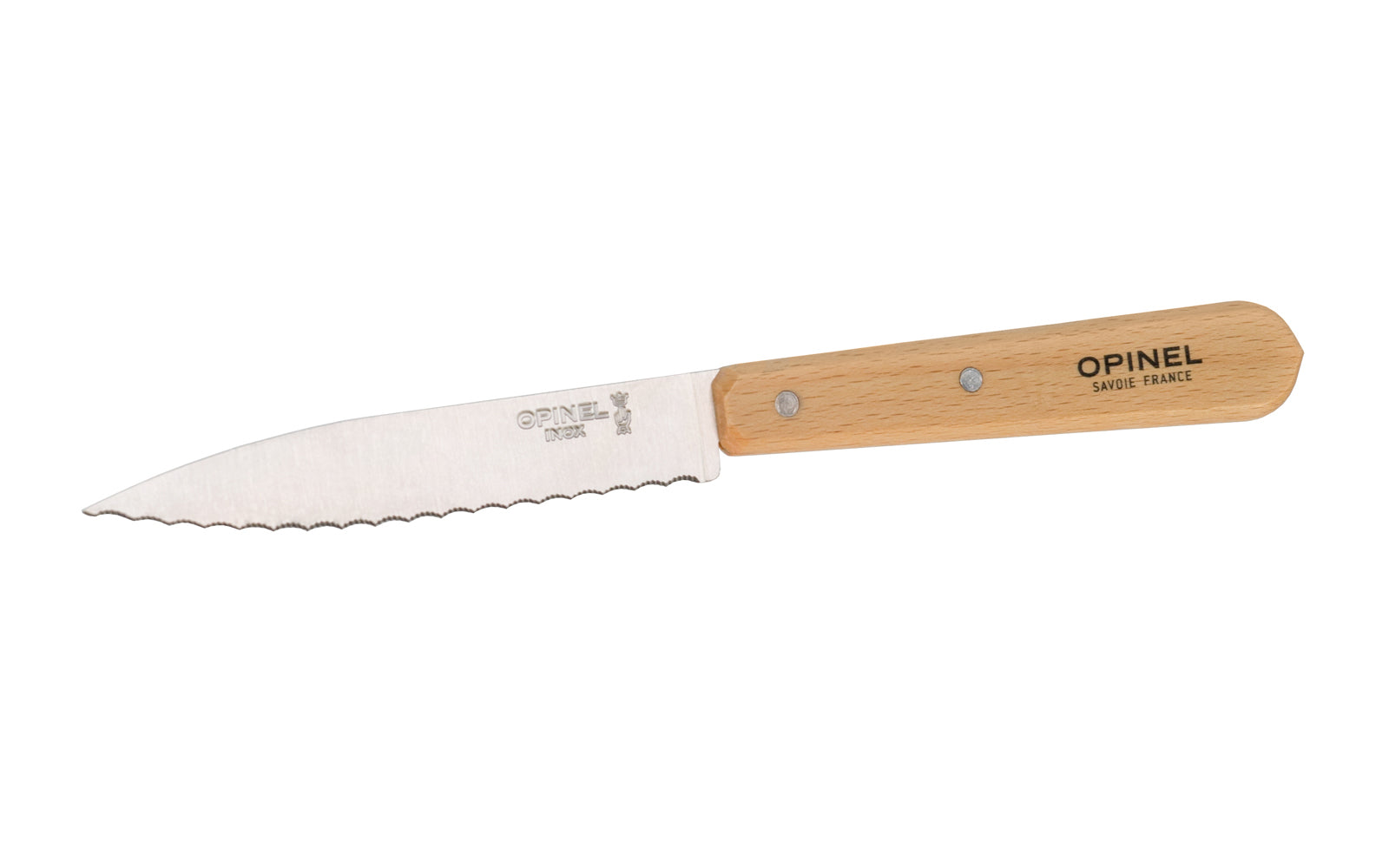 Opinel Stainless Steel Paring Knife. Model 113. Opinel Stainless Steel Serrated Paring Knife. Excellent for slicing through the rough skins of citrus fruits, tomatoes, & is ideal for cured sausages like salami. The handsome Beechwood handle is varnished for beautiful look. Made in France.