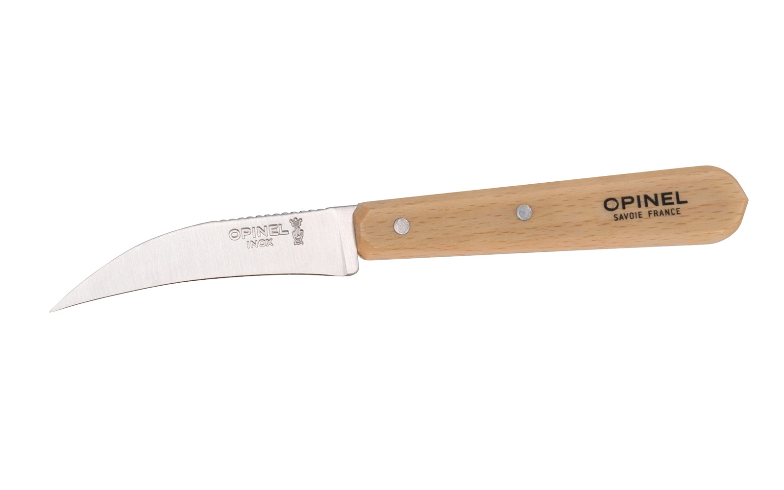 Opinel Stainless Steel Vegetable Knife. Model 114. Excellent for chopping & slicing up small vegetables like mushrooms, & small fruits like nectarines, peaches, strawberries, etc. The handsome Beechwood handle is varnished for beautiful look. Made in France.