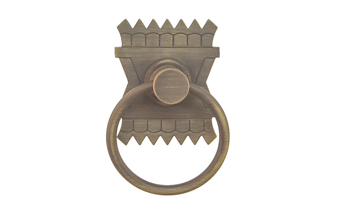 Vintage-style Hardware · Stylish ring pull with a stamped brass backplate with a special & intricate Eastlake design. The cabinet ring pull is made of high quality solid brass material. Designed in the Late Victorian / Eastlake style of hardware, but suitable for other periods including Craftsman & Art Deco styles. Antique Brass Finish.