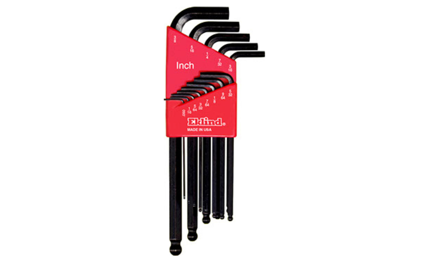 This Eklind 13-PC Ball Hex-L Wrench Key SAE Set. .050", 1/16", 5/64", 3/32", 7/64", 1/8", 9/64", 5/32", 3/16", 7/32", 1/4", 5/16", & 3/8" sizes. Allen wrench set is hardened, tempered & finished with Eklind black finish to resist rust. Plastic holder firmly retains each key. Eklind model 13213. Made in USA.
