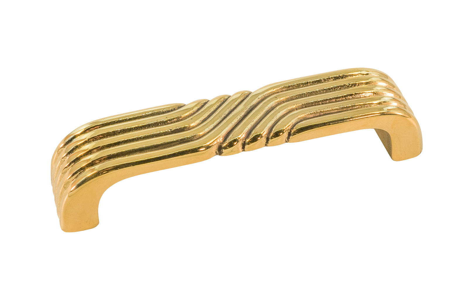 Vintage-style Hardware · A classic solid brass "Art Deco" handle pull with a streamlined 1930's look. 3-1/2" On Centers. Authentic reproduction pull designed in the 1930's, Streamline, Machine Age, Art Deco style of hardware. 3-1/2" center to center. Unlacquered brass (will patina naturally over time). Non-lacquered brass. Un-lacquered brass.