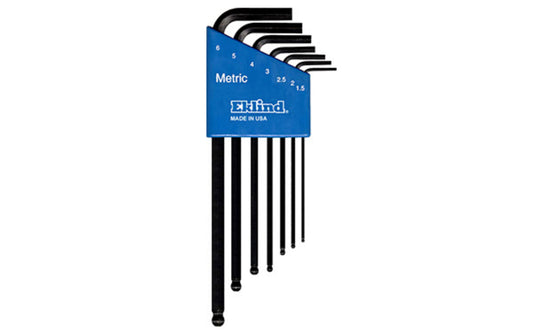 Eklind 7-PC Ball Hex-L Wrench Key Set - Metric. 1.5 mm, 2 mm, 2.5 mm, 3 mm, 4 mm, 5 mm, & 6 mm sizes. Allen wrench set is hardened, tempered & finished with Eklind black finish to resist rust. Plastic holder firmly retains each key. Eklind model 13607. Made in USA.
