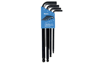 Eklind 9-PC Ball Hex-L Wrench Key Set - Metric. 1.5 mm, 2 mm, 2.5 mm, 3 mm, 4 mm, 5 mm, 6 mm, 8 mm, & 10 mm sizes. Allen wrench set is hardened, tempered & finished with Eklind black finish to resist rust. Plastic holder firmly retains each key. Eklind model 13609. Made in USA.