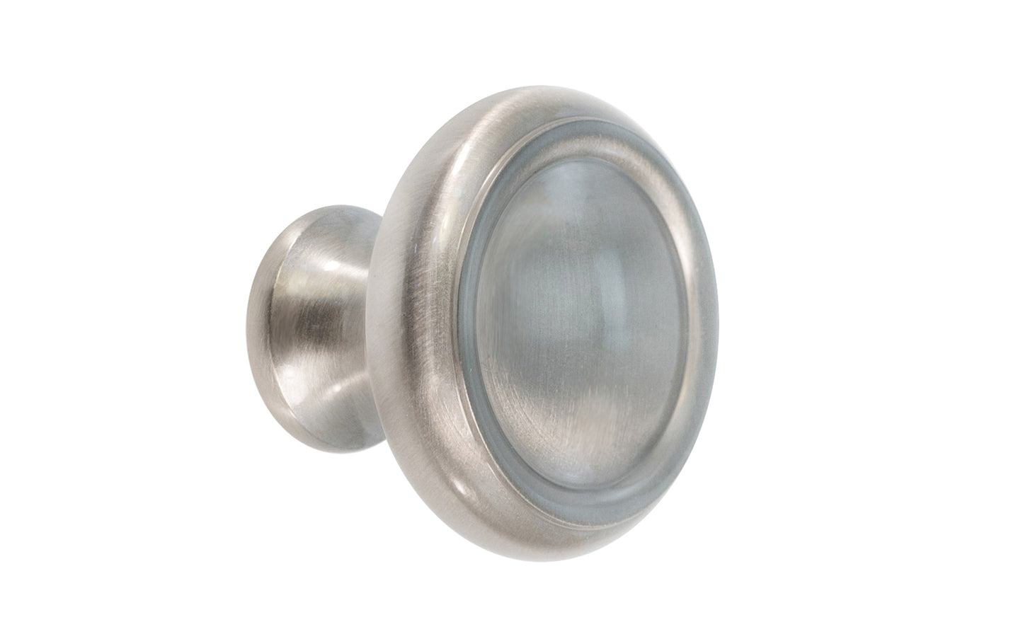 Solid Brass Dome-Style Cabinet Knob ~ 1-1/4" Diameter. Made of solid brass material. The knob is designed in the Mid-Century style of hardware, but will fit in with any time period up to the current modern styles. Great for kitchens, bathrooms, on furniture, cabinets, drawers, small doors, cabinet doors. Dome knob. Brushed Nickel Finish