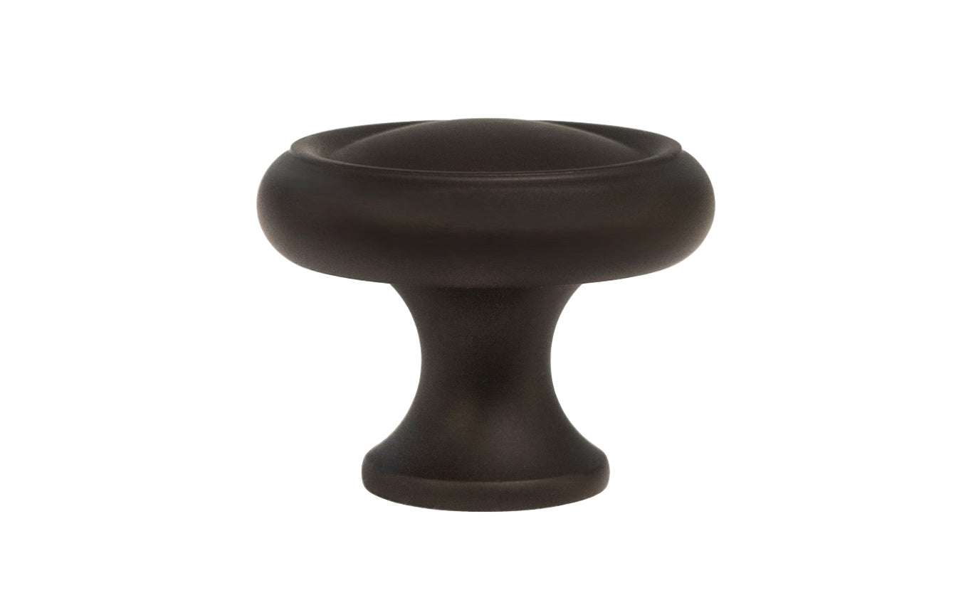 Solid Brass Dome-Style Cabinet Knob ~ 1-1/4" Diameter. Made of solid brass material. The knob is designed in the Mid-Century style of hardware, but will fit in with any time period up to the current modern styles. Great for kitchens, bathrooms, on furniture, cabinets, drawers, small doors, cabinet doors. Dome knob. Oil Rubbed Bronze Finish