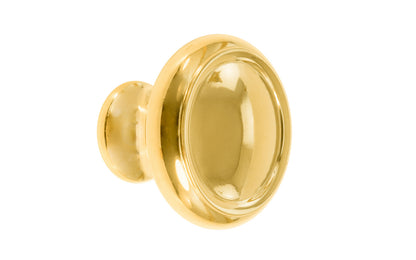 Solid Brass Dome-Style Cabinet Knob ~ 1-1/4" Diameter. Made of solid brass material. The knob is designed in the Mid-Century style of hardware, but will fit in with any time period up to the current modern styles. Great for kitchens, bathrooms, on furniture, cabinets, drawers, small doors, cabinet doors. Dome knob. Non-lacquered brass (un-lacquered brass will patina). Authentic reproduction hardware.