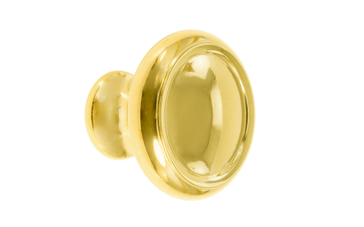 Solid Brass Dome-Style Cabinet Knob ~ 1-1/4" Diameter. Made of solid brass material. The knob is designed in the Mid-Century style of hardware, but will fit in with any time period up to the current modern styles. Great for kitchens, bathrooms, on furniture, cabinets, drawers, small doors, cabinet doors. Dome knob. Lacquered brass finish. Authentic reproduction hardware.