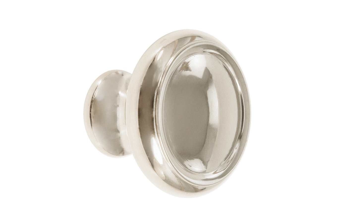 Solid Brass Dome-Style Cabinet Knob ~ 1-1/4" Diameter. Made of solid brass material. The knob is designed in the Mid-Century style of hardware, but will fit in with any time period up to the current modern styles. Great for kitchens, bathrooms, on furniture, cabinets, drawers, small doors, cabinet doors. Dome knob. Polished Nickel Finish