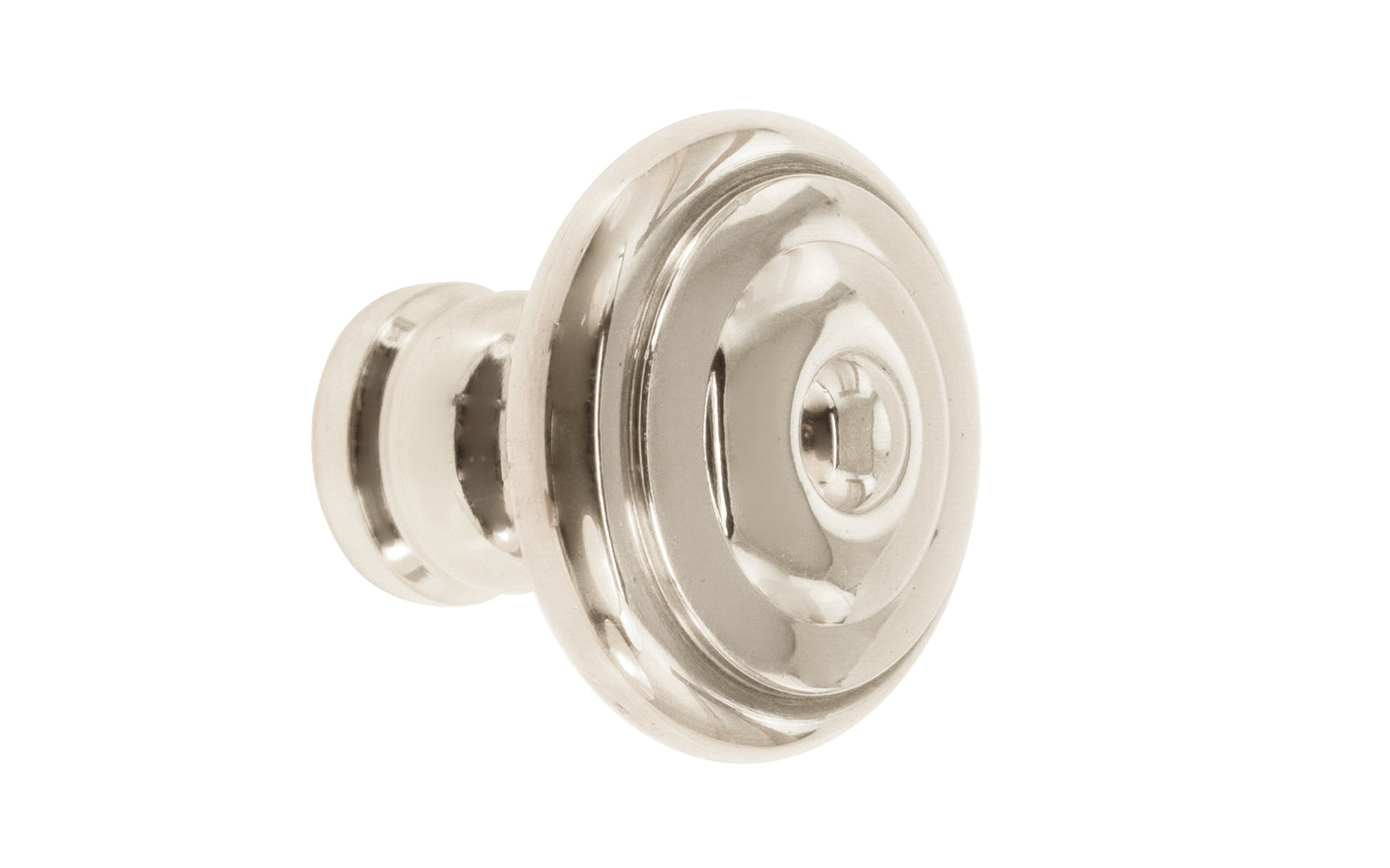 Vintage-style Hardware · Solid Brass classic contemporary style cabinet knob designed in the Mid-Century style. Quality solid brass 1-1/4" diameter Knob. Ideal for kitchen & bathroom cabinets, & furniture. Polished nickel finish.